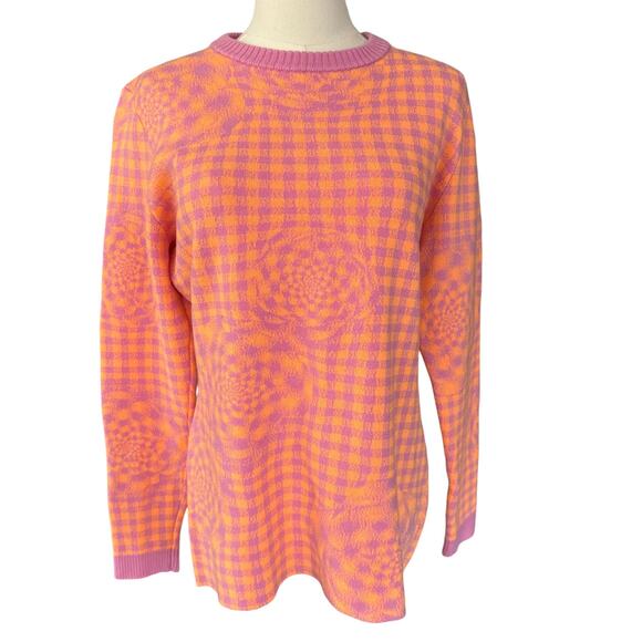 Brandon Maxwell Floral Gingham‎ Wool Crewneck Sweater Pink Orange Size Large - Picture 2 of 9
